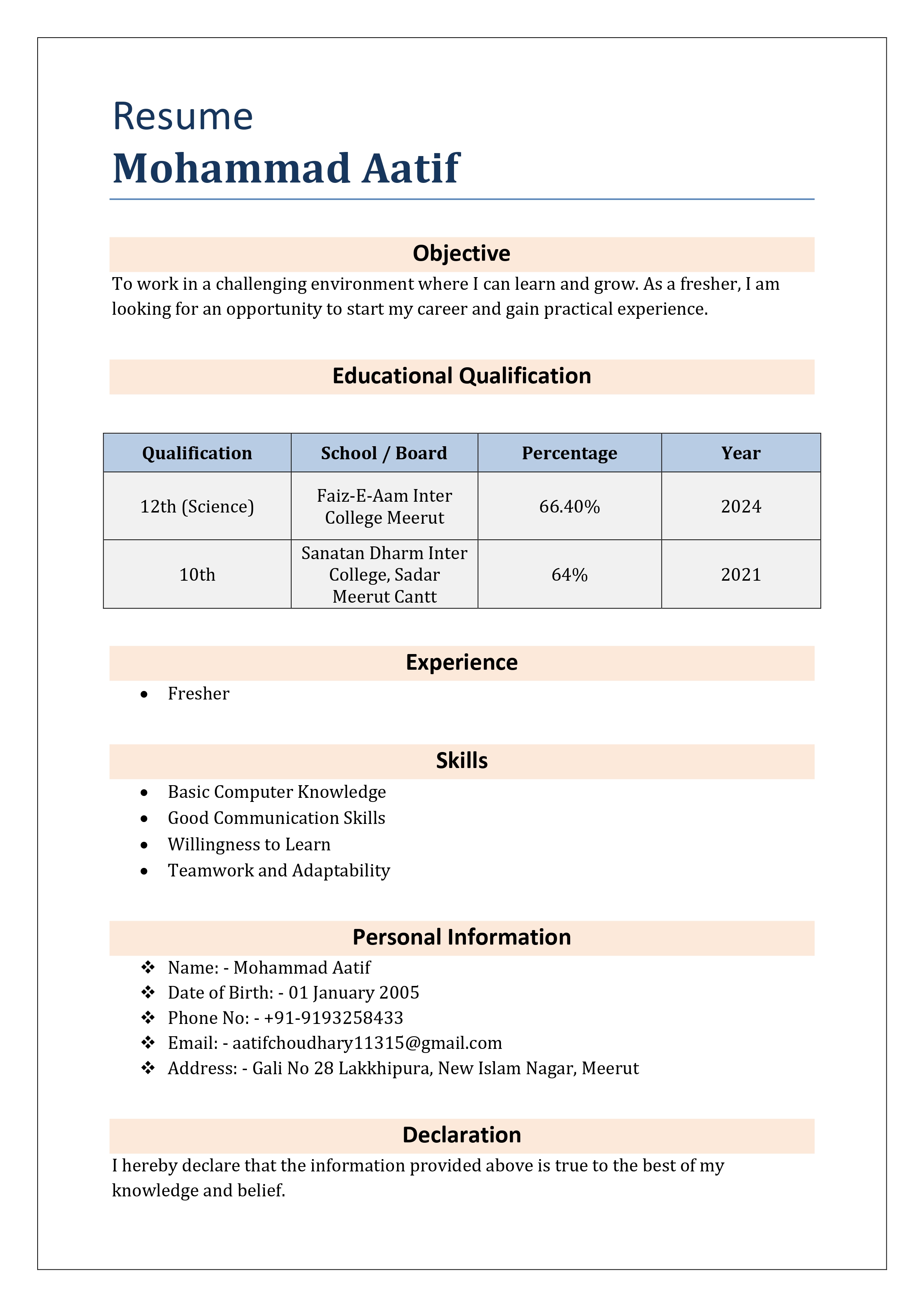 Modern Resume Template for Freshers